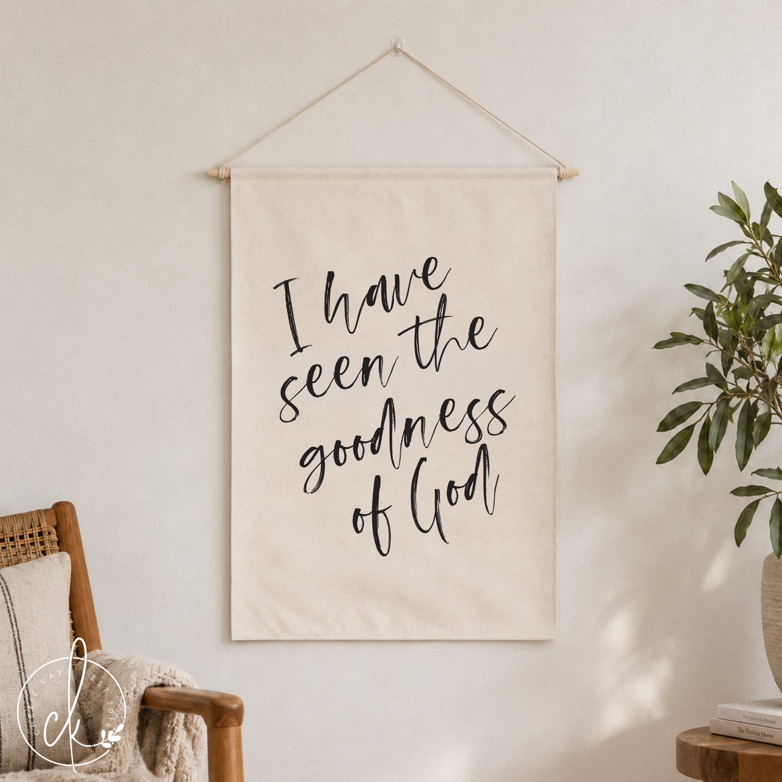 a canvas dowel rod wall hanging with the words I have seen the goodness of God