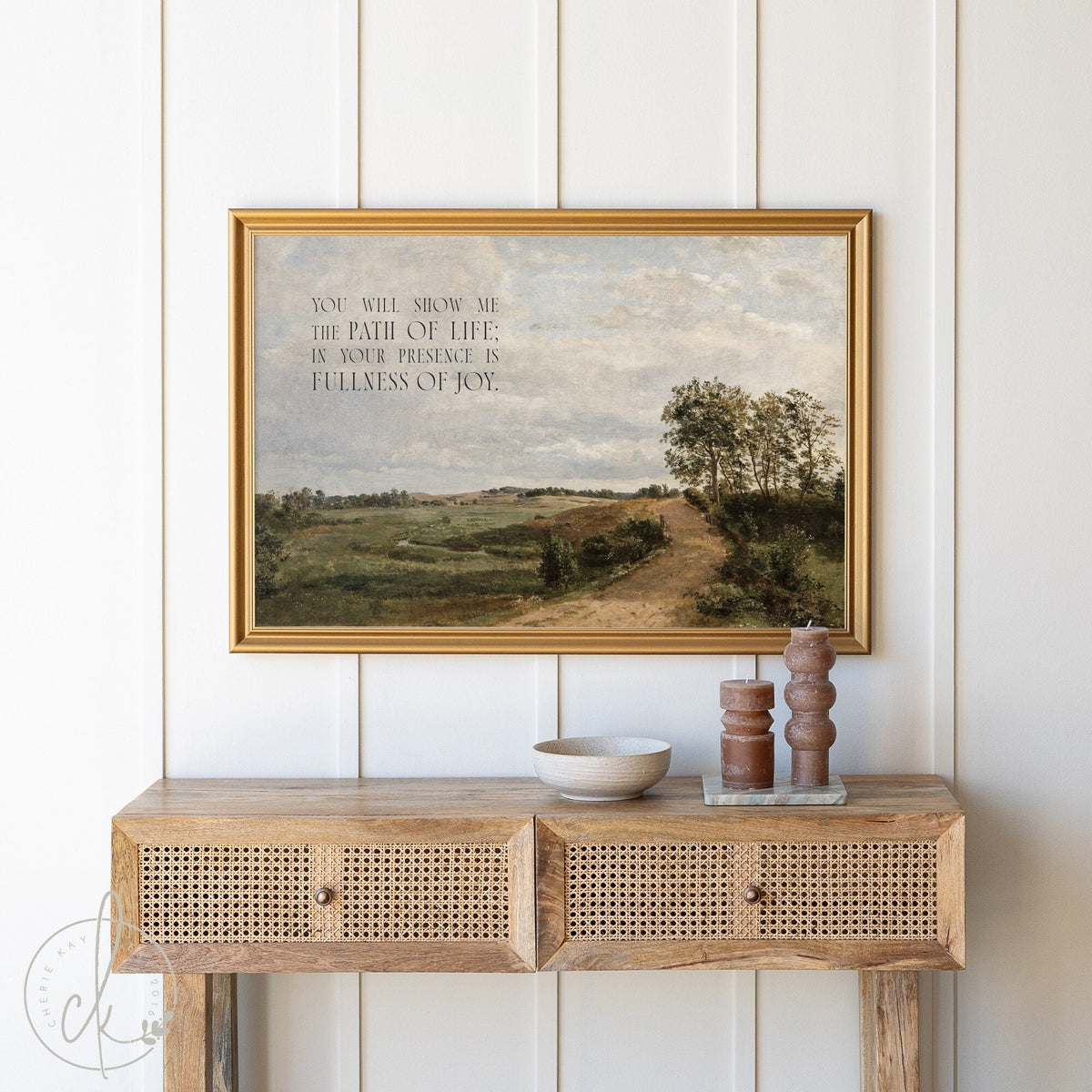 Gold-framed landscape painting with the Bible verse from Psalm 16 11, depicting a serene country scene with rolling hills and a peaceful path, designed for Christian wall decor and inspirational home art.