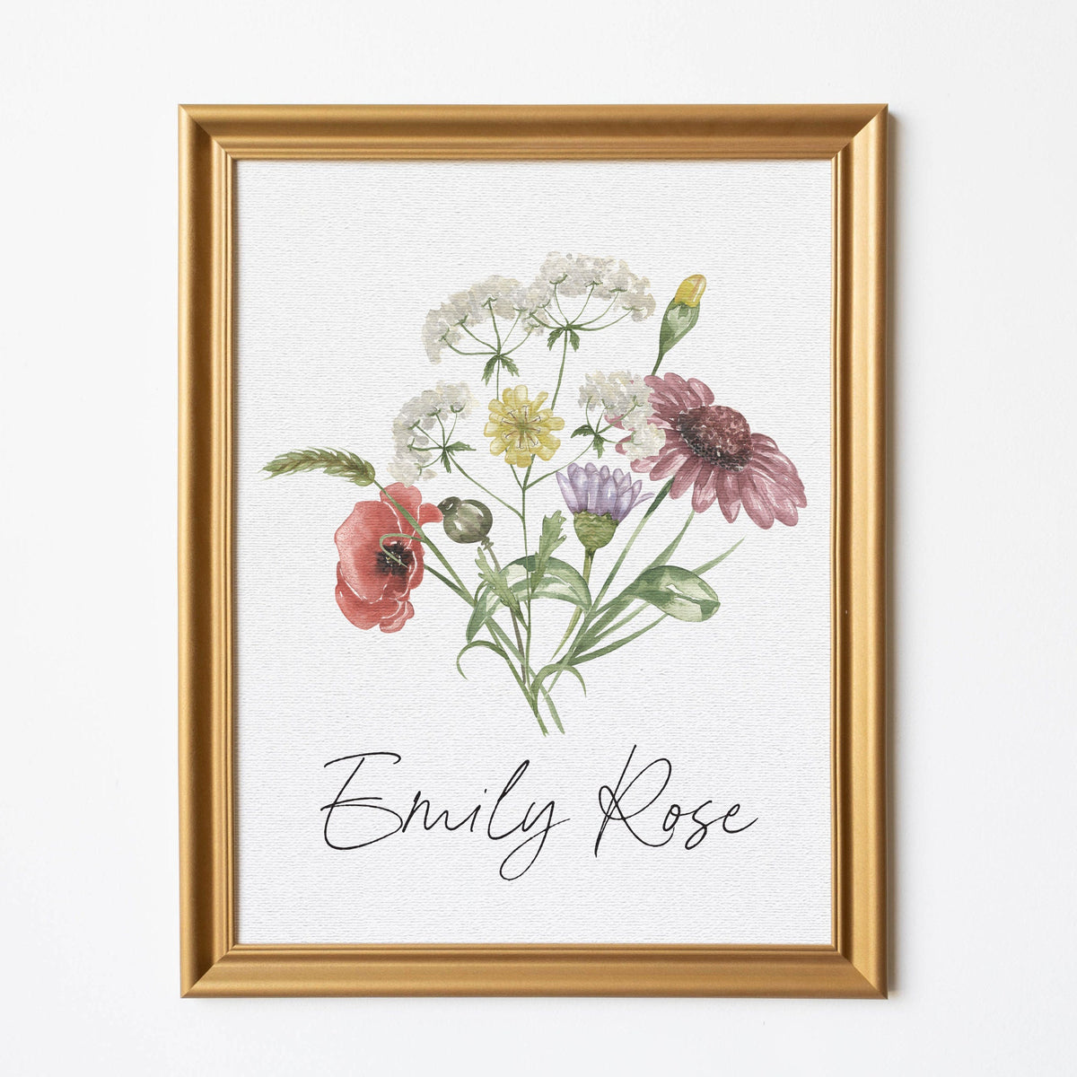 Girl Nursery Name Sign With Wildflower Bouquet | Wood Framed Canvas | Flower Nursery Wall Art | Botanical Artwork | Emily Rose