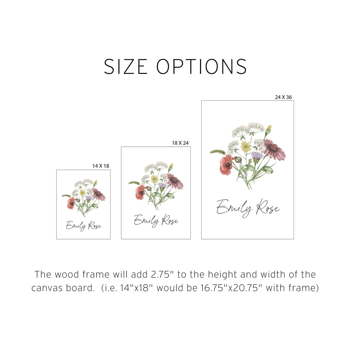 Girl Nursery Name Sign With Wildflower Bouquet | Wood Framed Canvas | Flower Nursery Wall Art | Botanical Artwork | Emily Rose