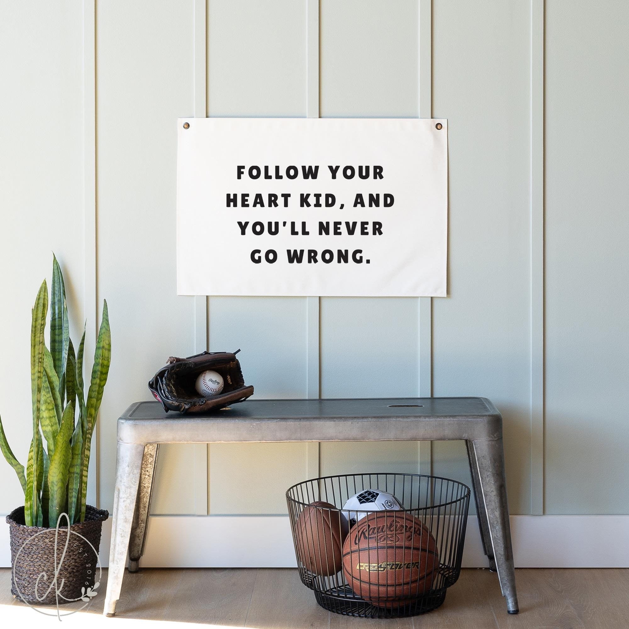 Motivational Canvas Flag | Follow Your Heart Kid, and You'll Never Go Wrong | Boys Room, Nursery, and Playroom | Baseball Decor | 32