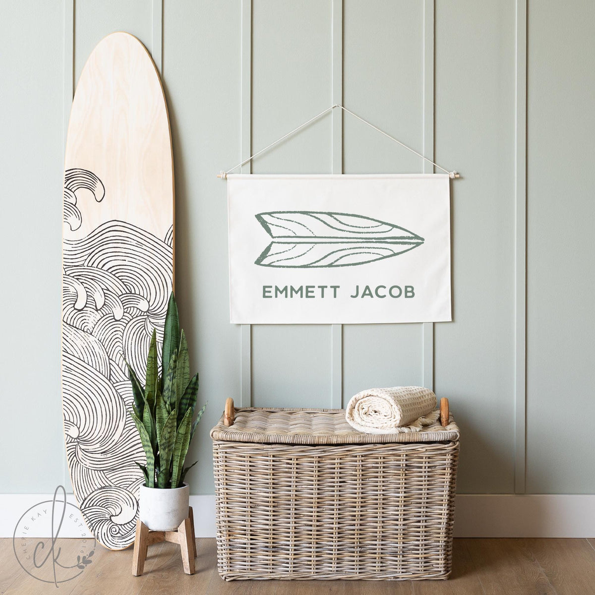 Personalized Coastal Surfboard Canvas for Kids Room | Beach Nursery Decor | Name Wall Art for Boys, Girls | Ocean-Themed Toddler Room | 36