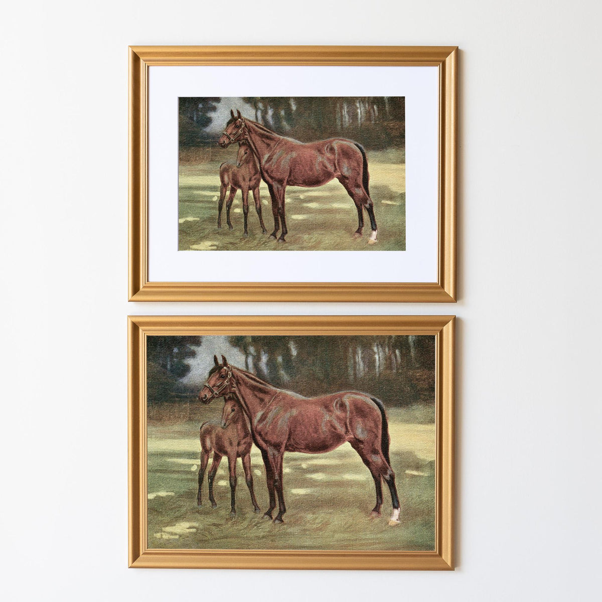 Vintage Horse &amp; Foal Painting | Rustic Equestrian Wall Art | Mid-Century Animal Print for Nursery, Living Room, or Farmhouse Decor | N236