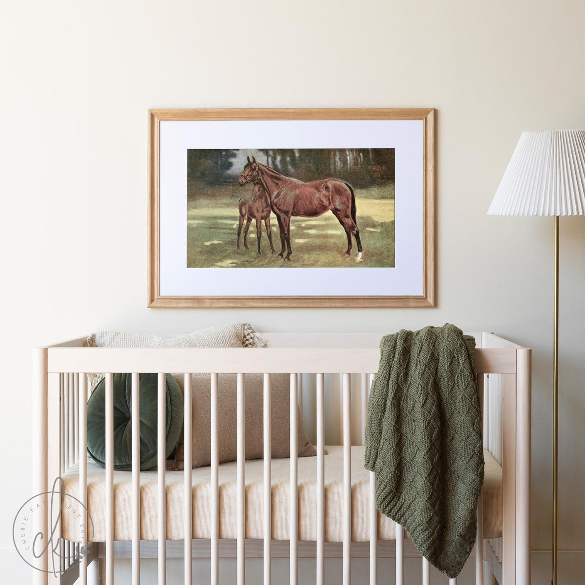 Vintage horse and foal painting in a natural wood frame, perfect for rustic nursery wall decor or farmhouse-inspired baby room art.