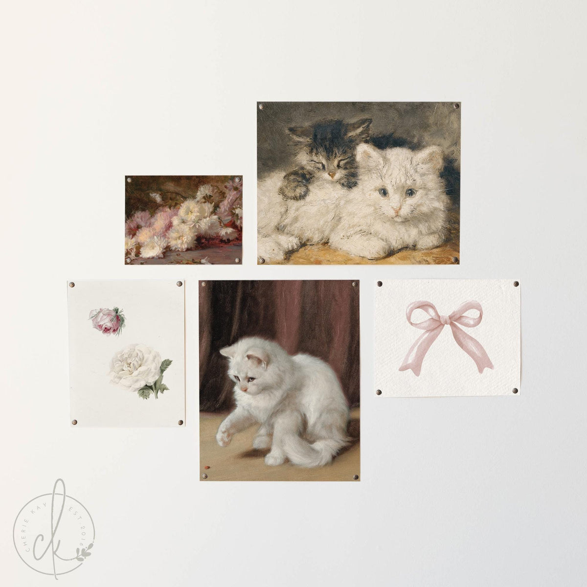 Vintage Nursery Gallery Wall Art | Pink Bow, Kitten, Flower Paintings | G15