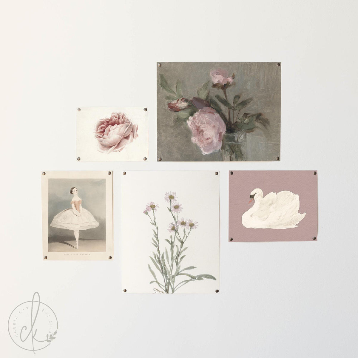 Vintage Floral Girl Nursery Wall Art | Ballet Swan Peony Gallery Prints | G28