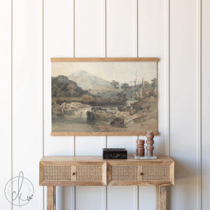 Large Vintage Landscape Wall Art | Oversized Framed Canvas Tapestry | Earth Tones Wall Decor for Living Room, Office, or Bedroom | T48