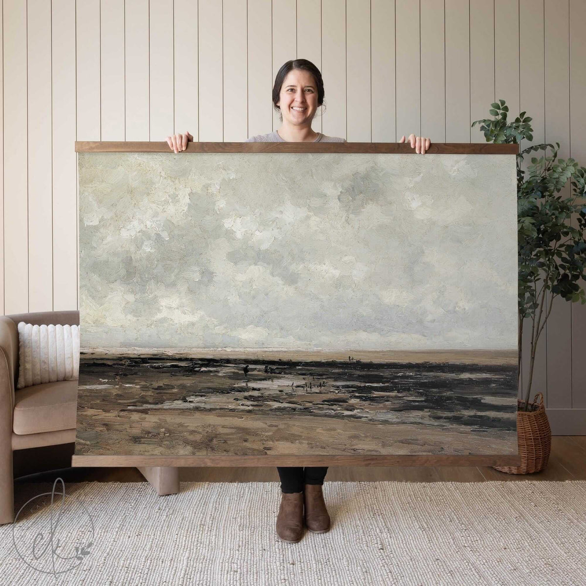 Large Landscape Tapestry Wall Art | Vintage Coastal Canvas Print | Rustic Neutral Wall Decor for Living Room | Oversized Artwork | T4