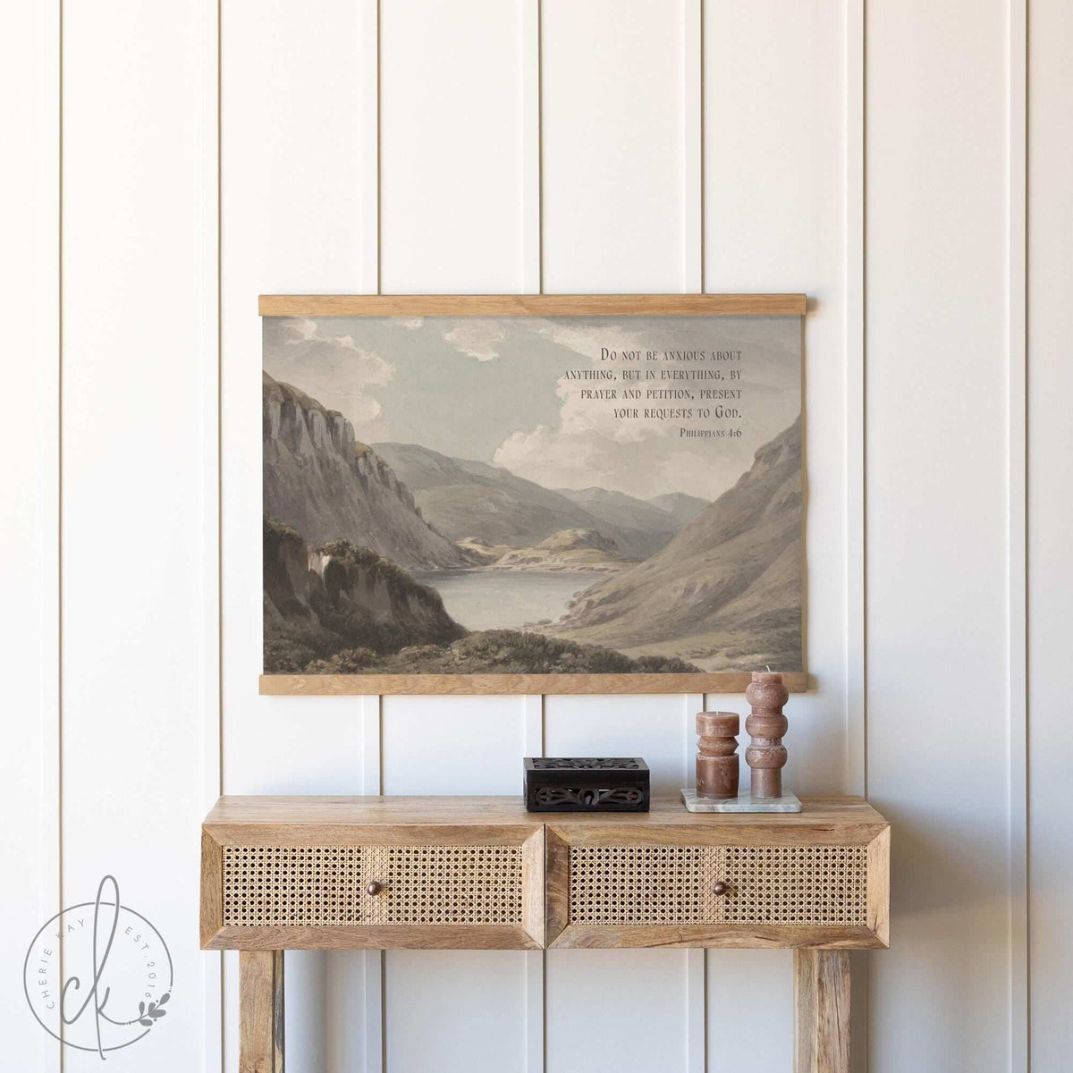 Vintage Landscape Tapestry Wall Art | Large Wall Hanging with Scripture | Rustic Mountain Lake Decor for Living Room or Bedroom | T55