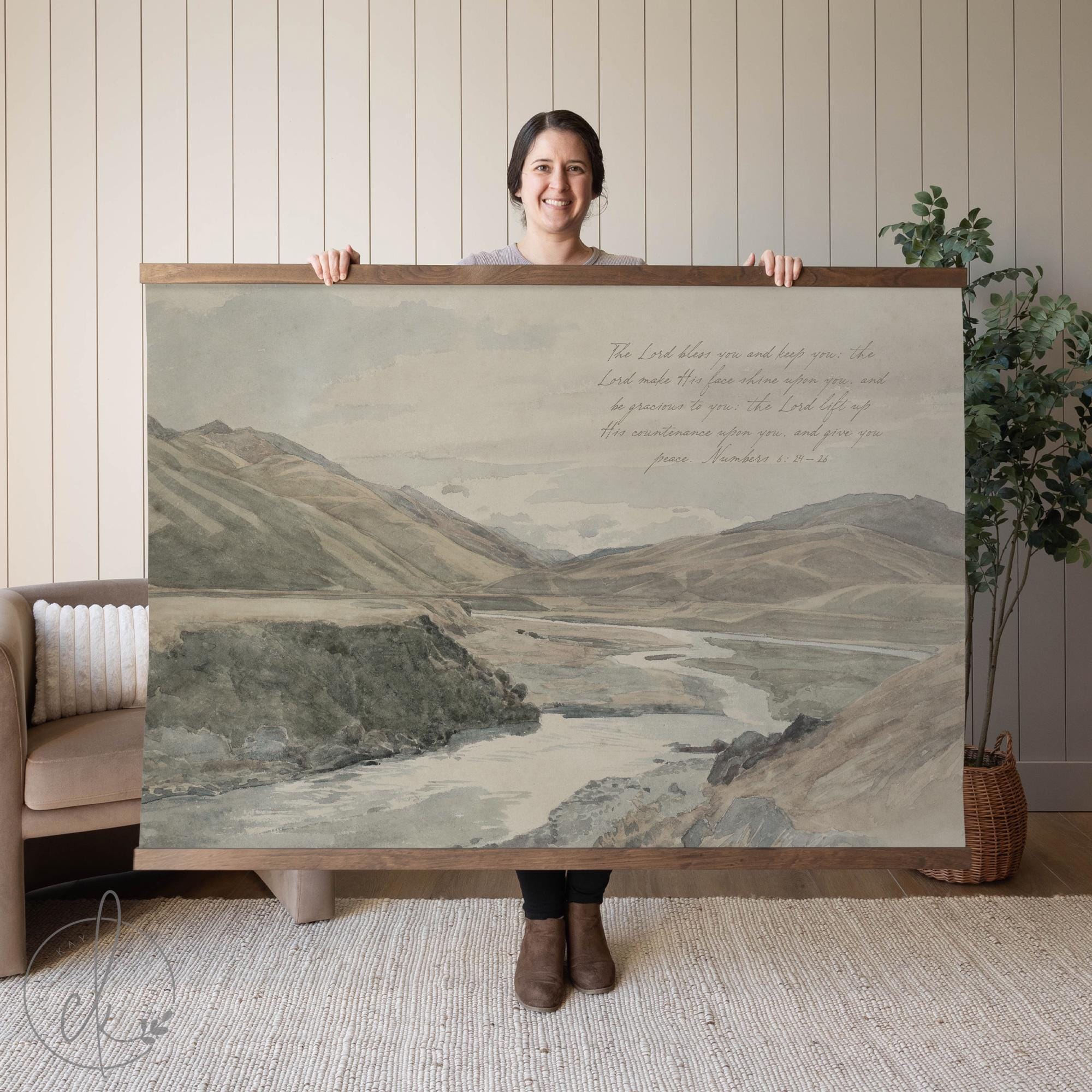 Oversized Vintage Mountain Landscape Wall Tapestry | The Lord Bless You And Keep You | Neutral Wall Decor for Living Room, Bedroom | T58