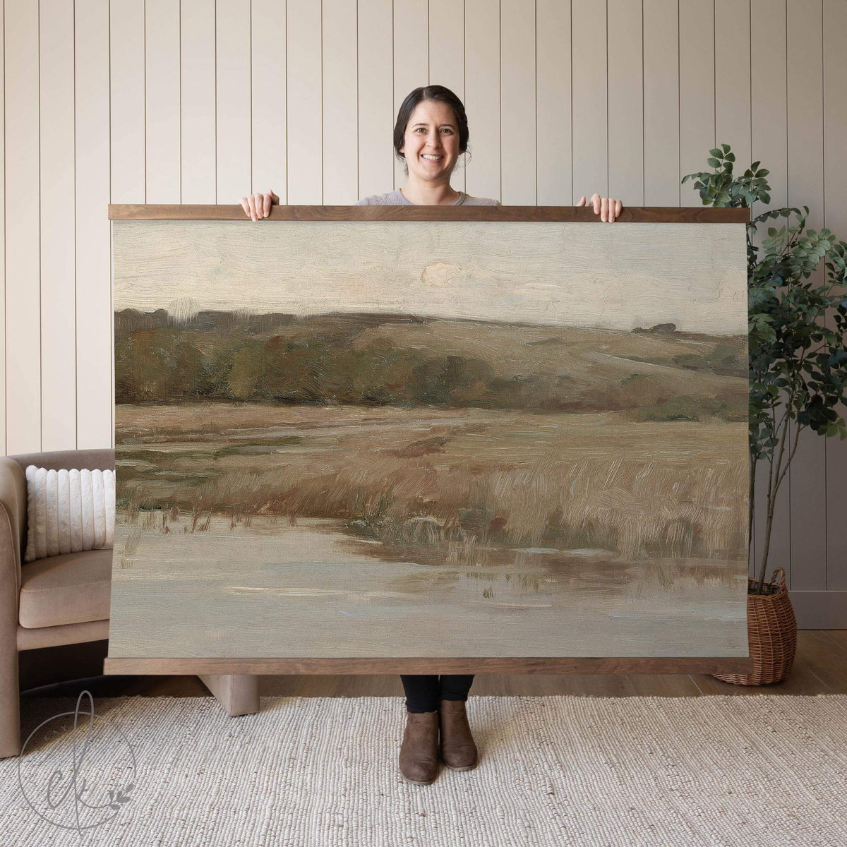 Large Landscape Canvas Tapestry | Neutral Wall Art | Vintage Meadow and River Print | Oversized Nature Wall Hanging for Living Room | T9