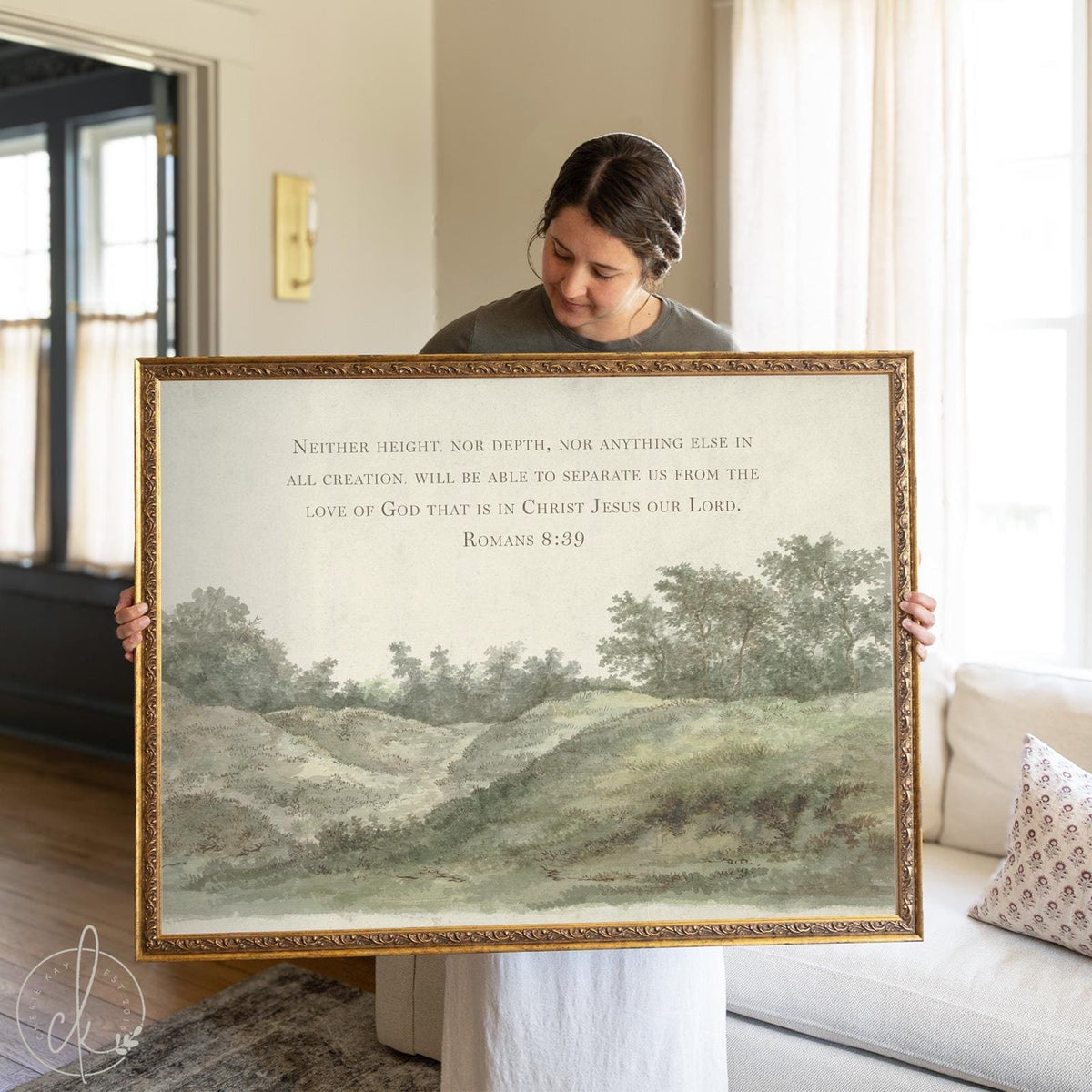Bible Verse Art | Vintage Landscape Art | Large Framed Print | Romans 8:39 Christian Wall Decor for Living Room or Entryway | N85