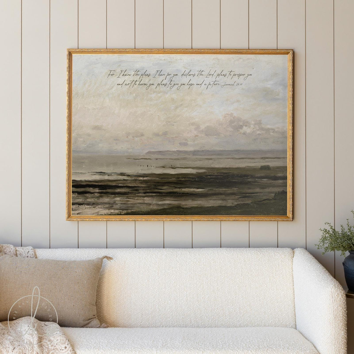 Christian Wall Art | Jeremiah 29:11 Scripture Art Print | Framed Canvas Art | Abstract Coastal Landscape | | Large Vintage Artwork | N4