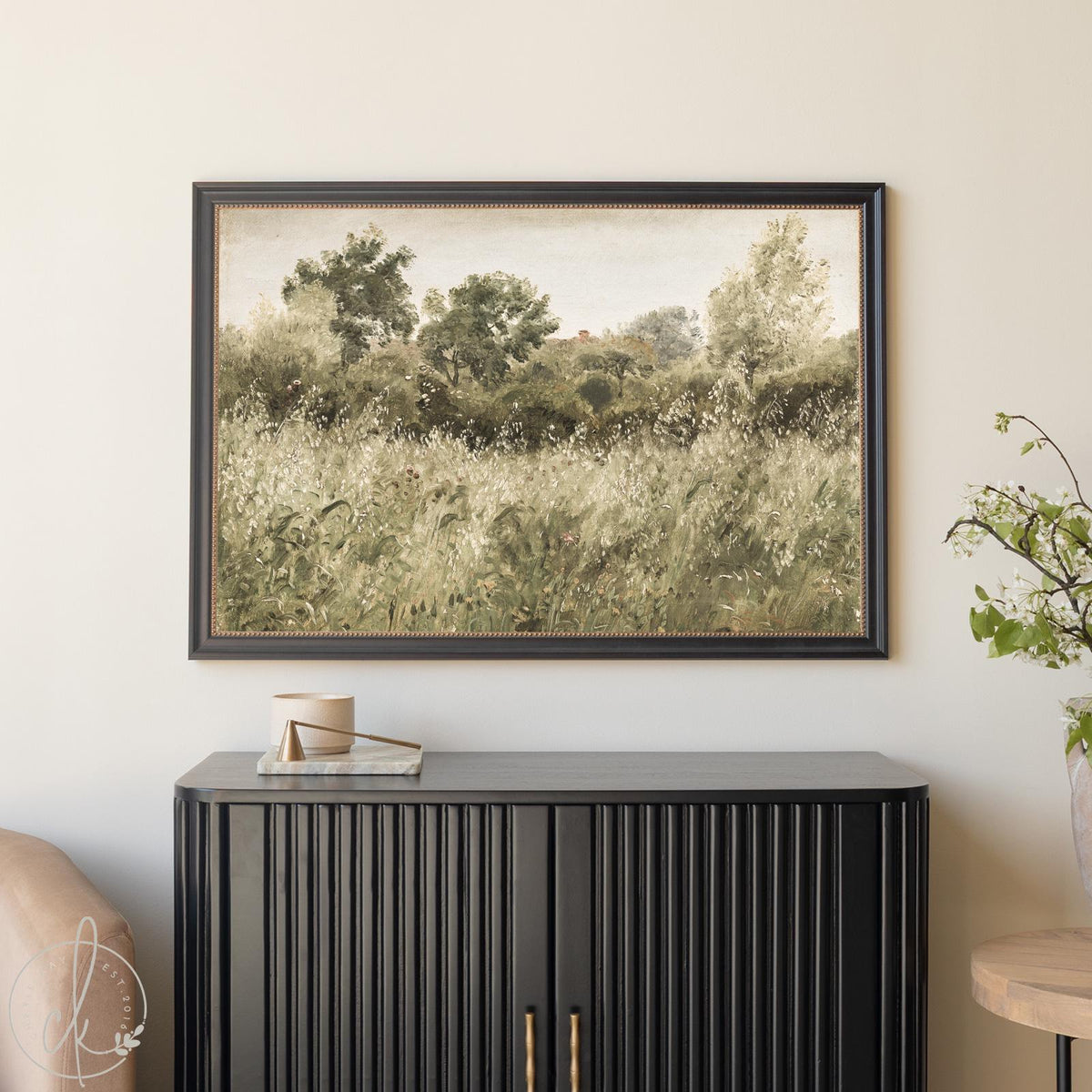 Large Framed Wall Art | Landscape Art Print | Green Grass Field In The Summer | Vintage Botanical Painting for Living Room | N54