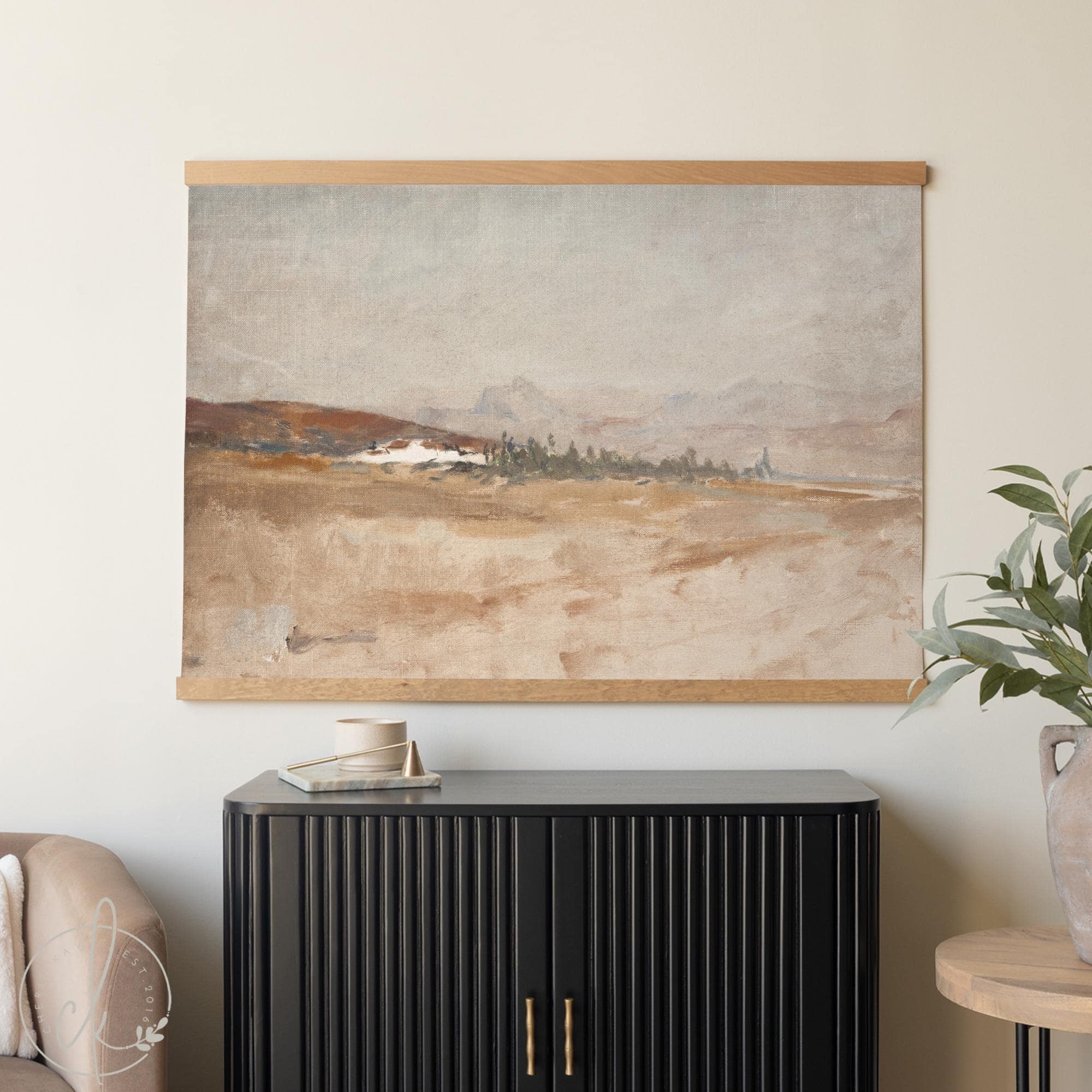 Watercolor Nature Landscape Painting on an extra large, neutral canvas tapestry—earth toned mountain scene, ready to hang as oversized living room wall decor.
