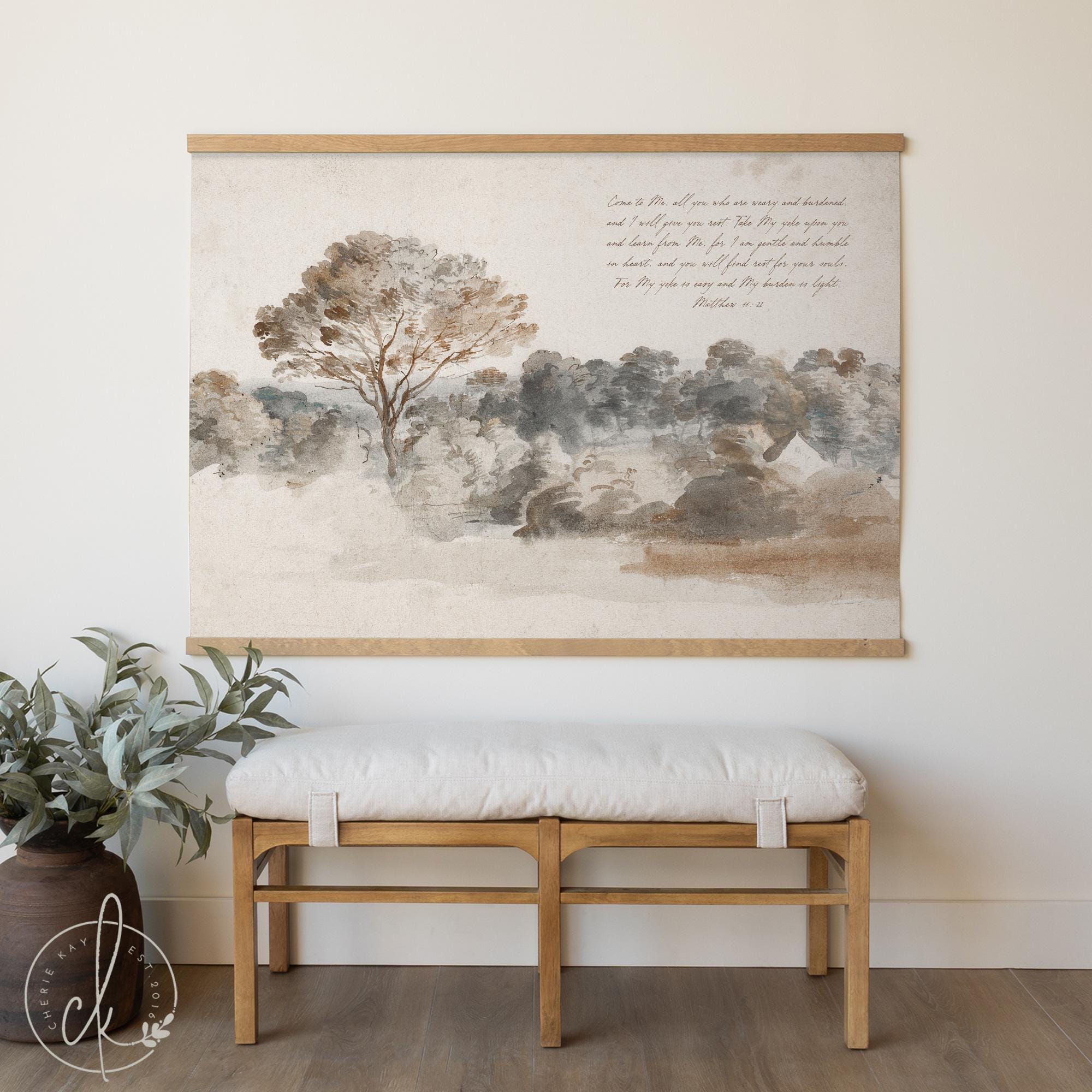 Christian Wall Art | Matthew 11:28 Watercolor Landscape Canvas | Extra Large Tapestry Wall Hanging | Modern Neutral Home Decor | T15