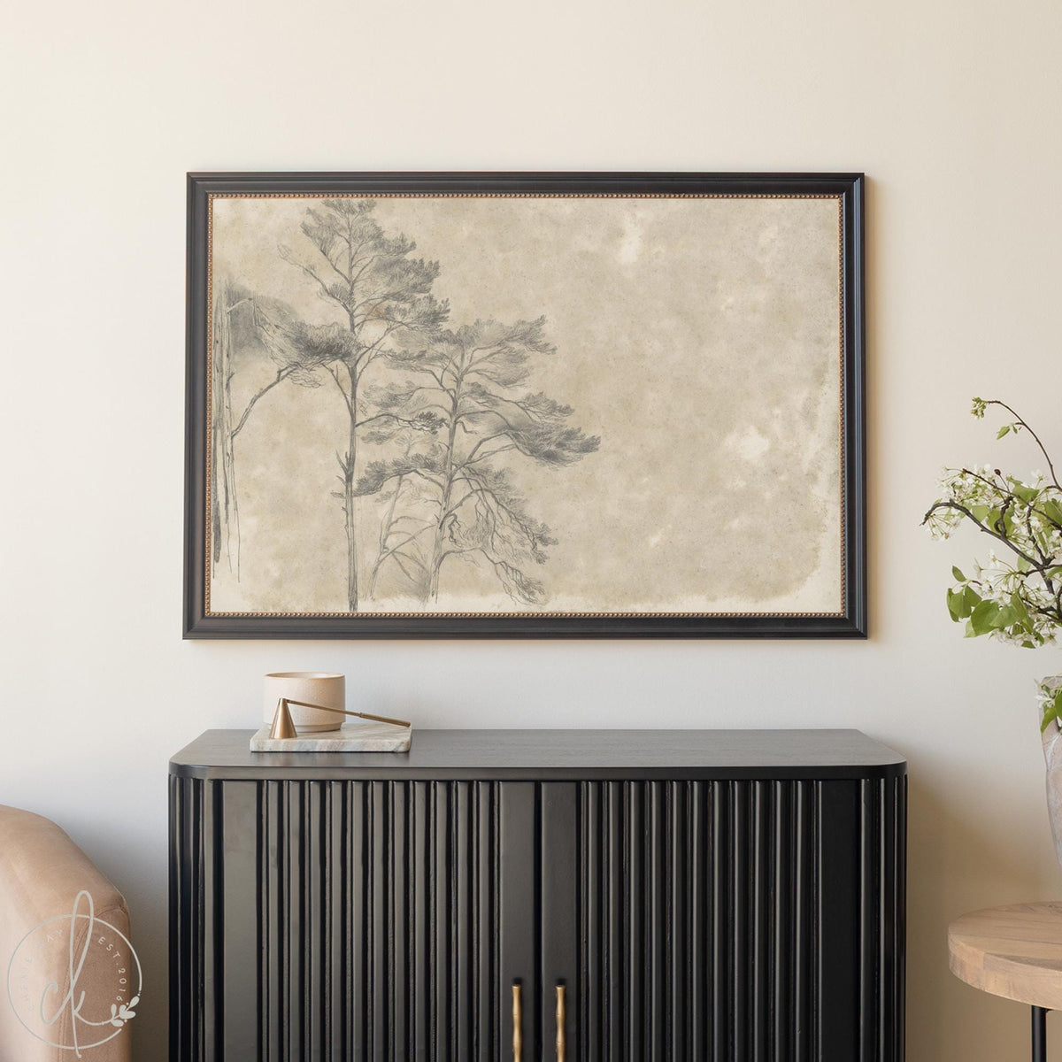 Antique gold framed large tree painting featuring a vintage pine sketch on a neutral canvas, styled as large wall art above a black sideboard for elegant living-room decor.