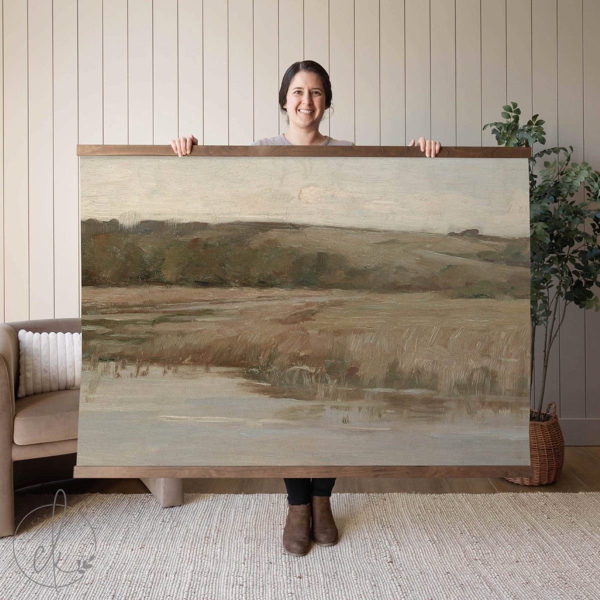 Large Landscape Canvas Tapestry | Vintage Meadow and River Print | T9