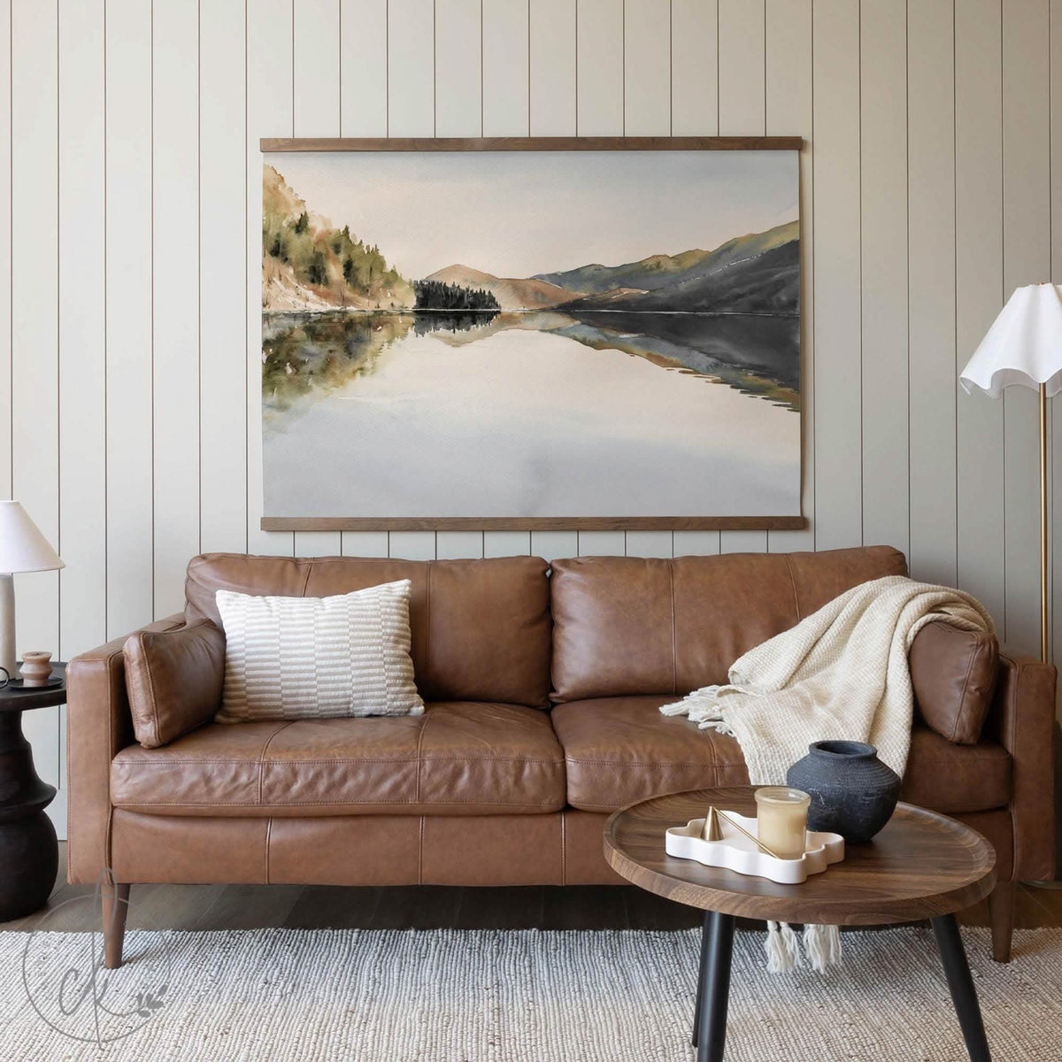 Large Canvas Art | Modern Lake Landscape Wall Art | Watercolor Mountain Reflection Tapestry | Extra-Large Home Decor for Living Room | T32