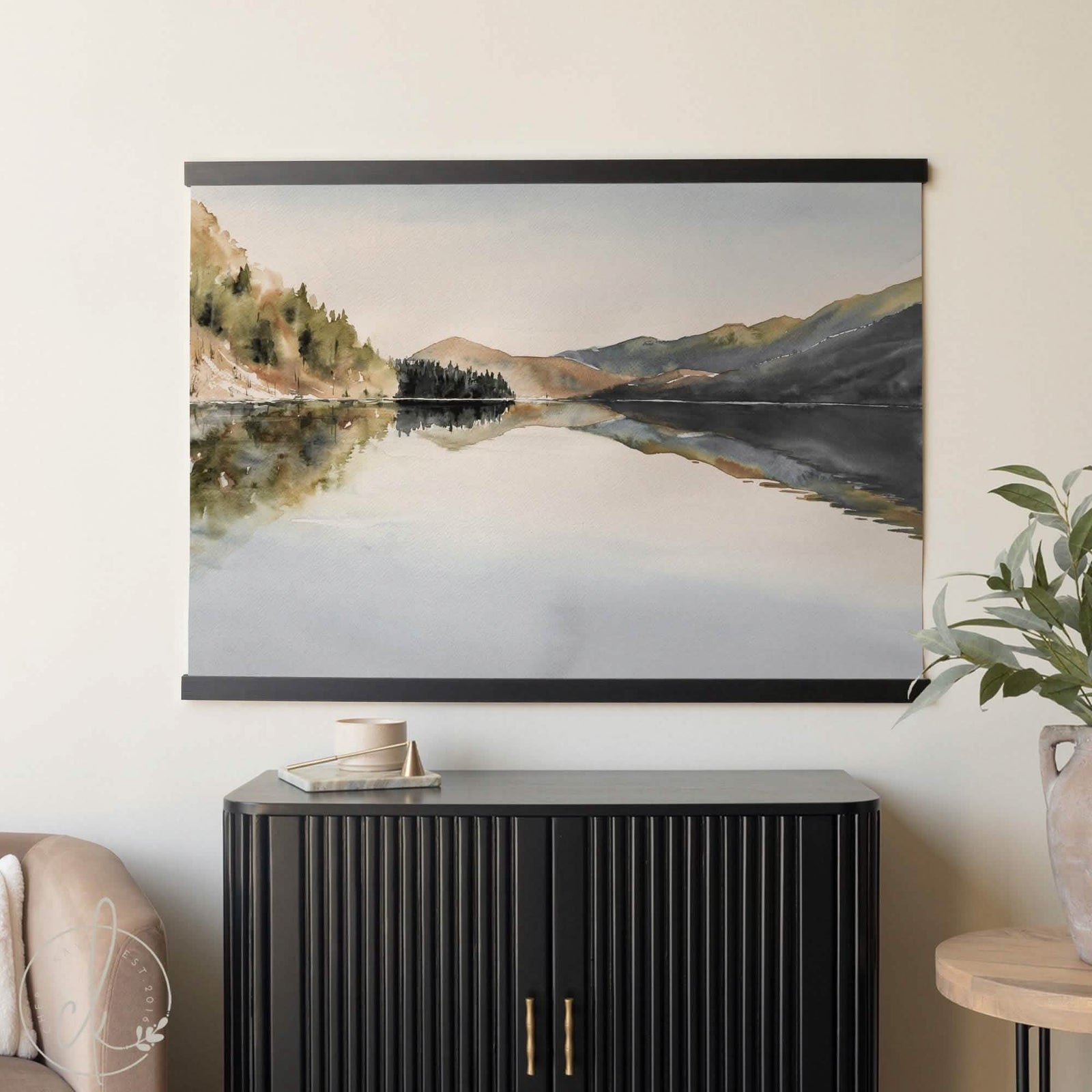 Large canvas art tapestry featuring a serene watercolor mountain landscape reflected in a calm lake, framed with handcrafted wooden rails.
