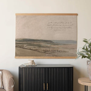 Huge Canvas Print | Vintage Coastal Landscape Tapestry with Scripture | Lamentations 3:21-23 Wall Art | Large Christian Home Decor | T24