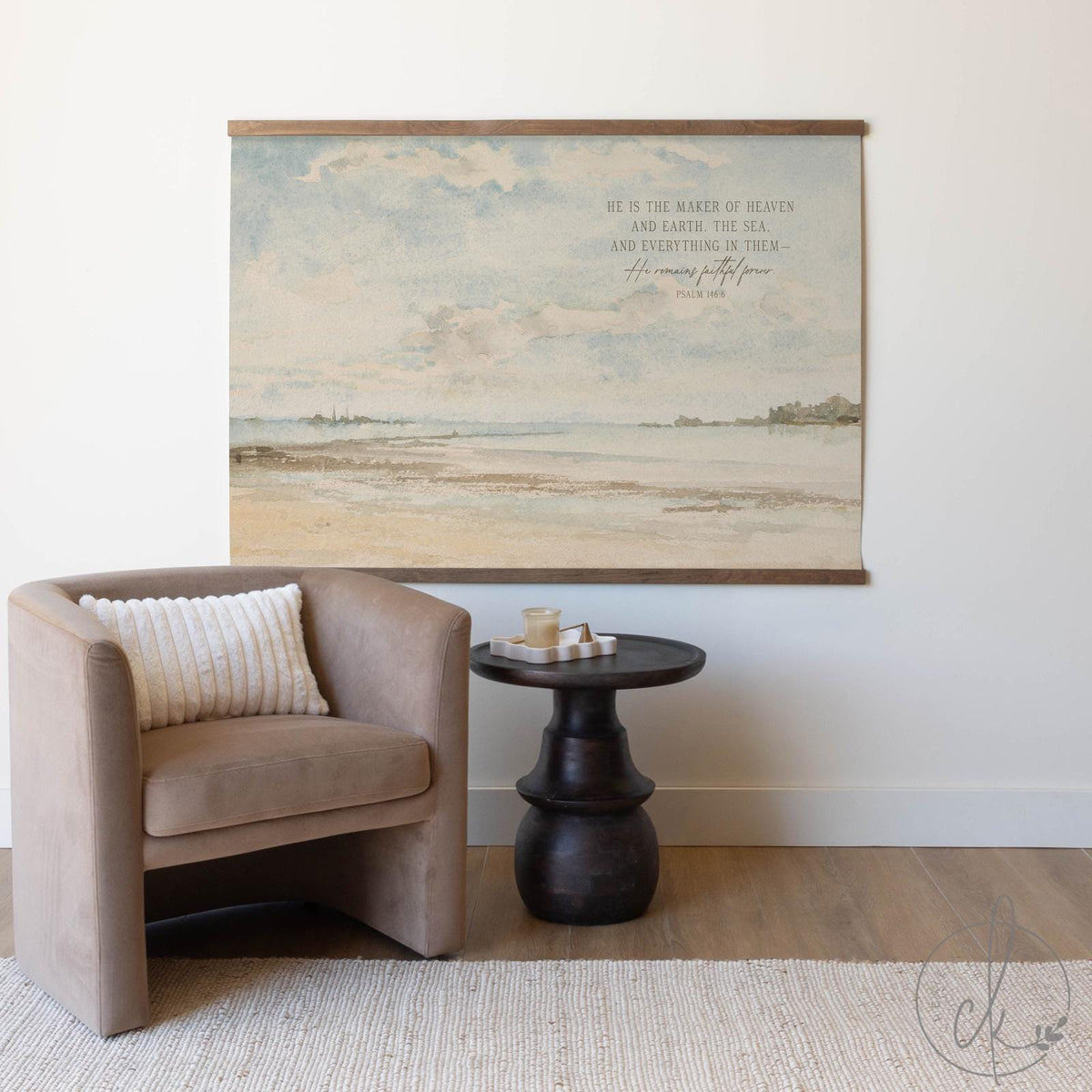 Extra Large Beach Wall Art Tapestry | Neutral Coastal Landscape Canvas | Optional Psalm 146:6 Scripture | Christian Home Decor | T12