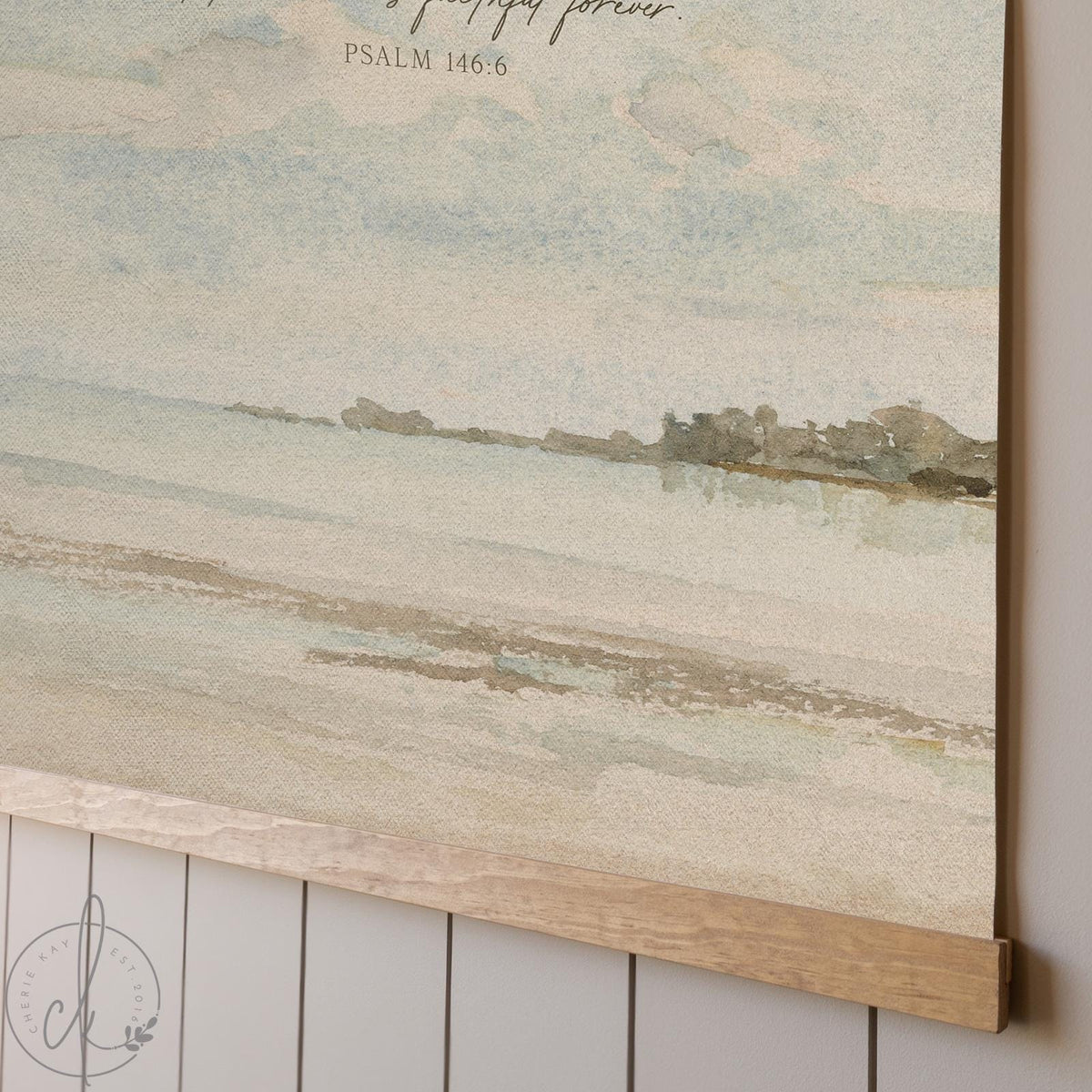 Extra Large Beach Wall Art Tapestry | Neutral Coastal Landscape Canvas | Optional Psalm 146:6 Scripture | Christian Home Decor | T12