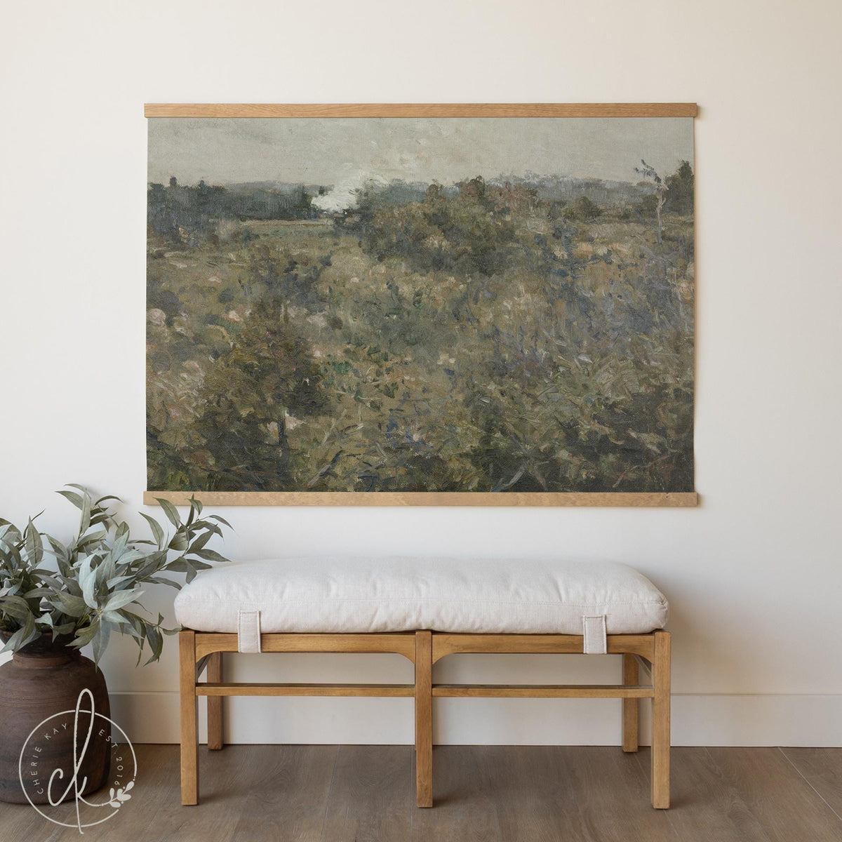 Large Wall Art | Vintage Field Landscape Canvas Tapestry | Extra-Large Wall Hanging | Moody Botanical Home Decor | T8