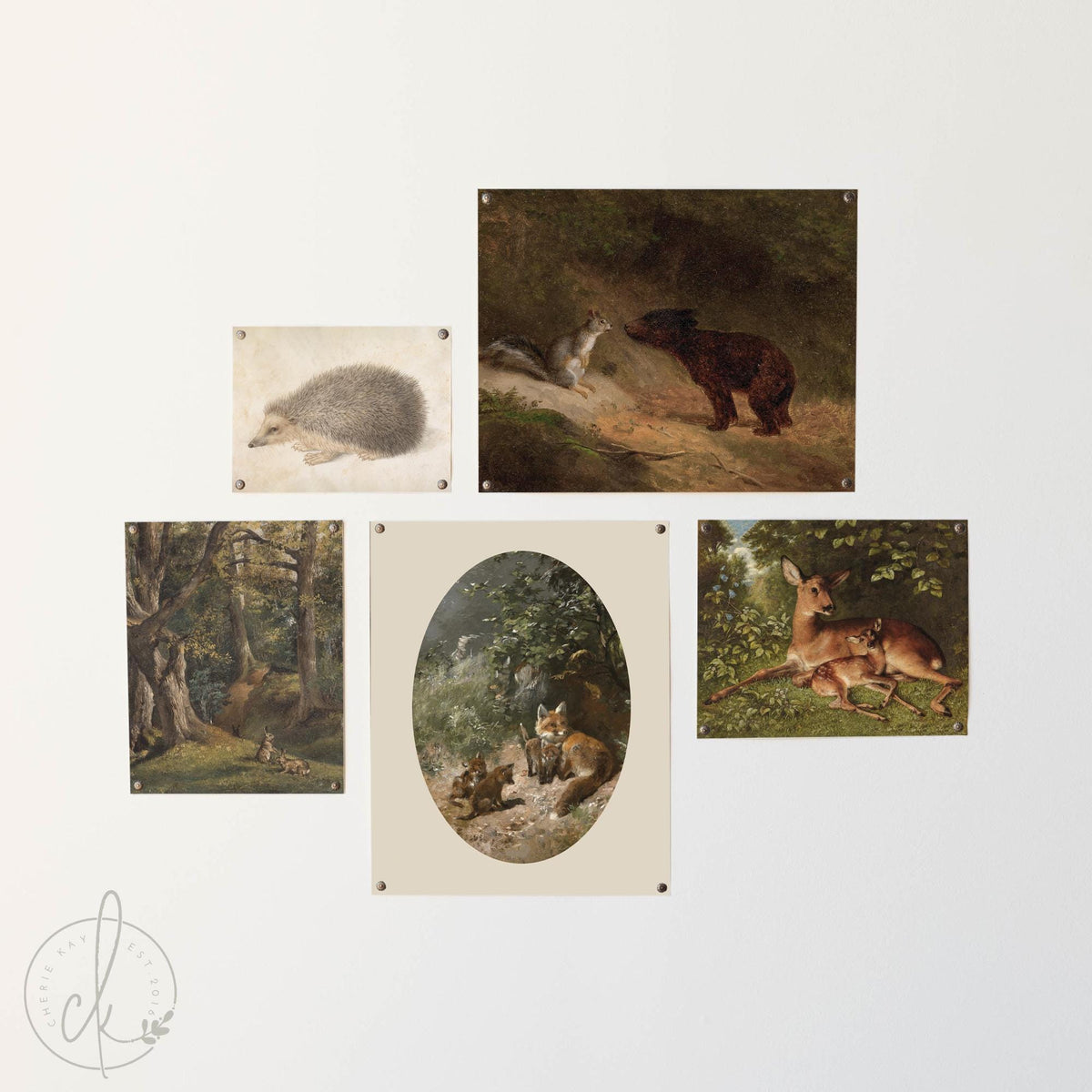 Woodland Nursery Gallery Wall Art Set | Vintage Fox, Deer, Bear, Hedgehog and Squirrel Prints | Ornate Gold &amp; Black Frames | G21