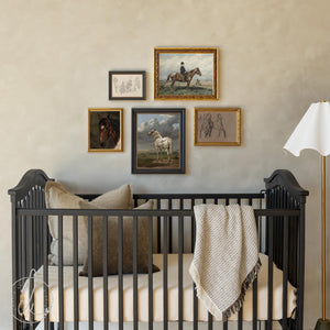 Equestrian wall art collection featuring five framed horse art prints in ornate gold and black frames showing horses and riders