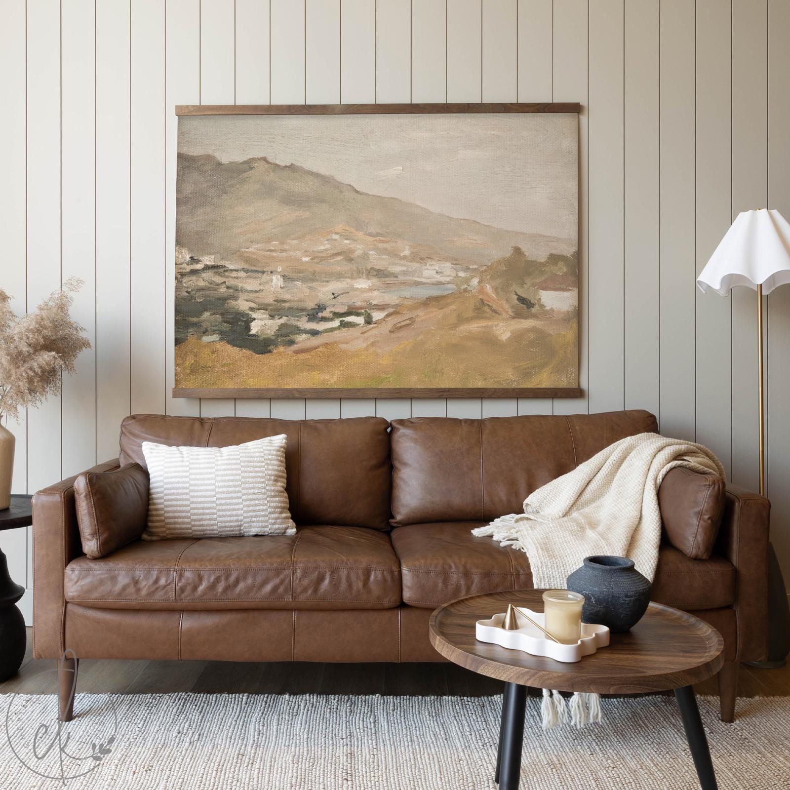 This Watercolor Landscape Wall Art on a large canvas tapestry features neutral mountain painting, with wood hangers, ready to hang as beautiful living room home decor.