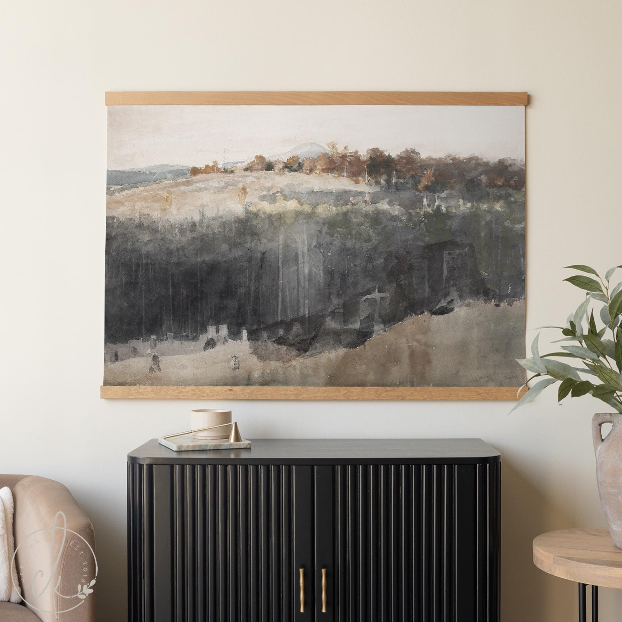 Abstract nature artwork canvas tapestry—extra-large forest painting in neutral earth tones.