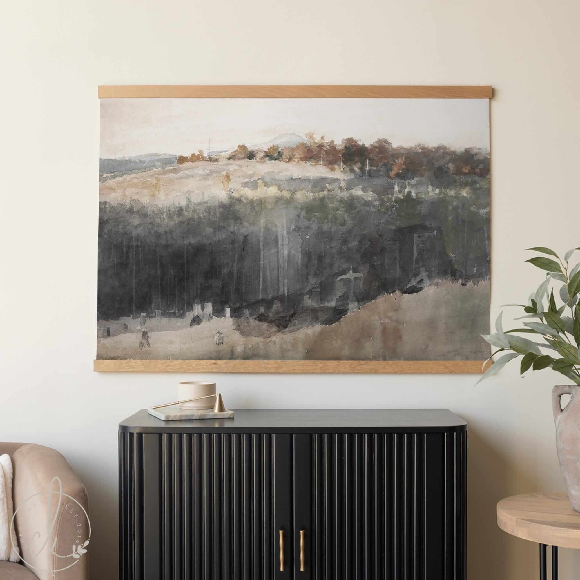 Abstract nature artwork canvas tapestry—extra-large forest painting in neutral earth tones.