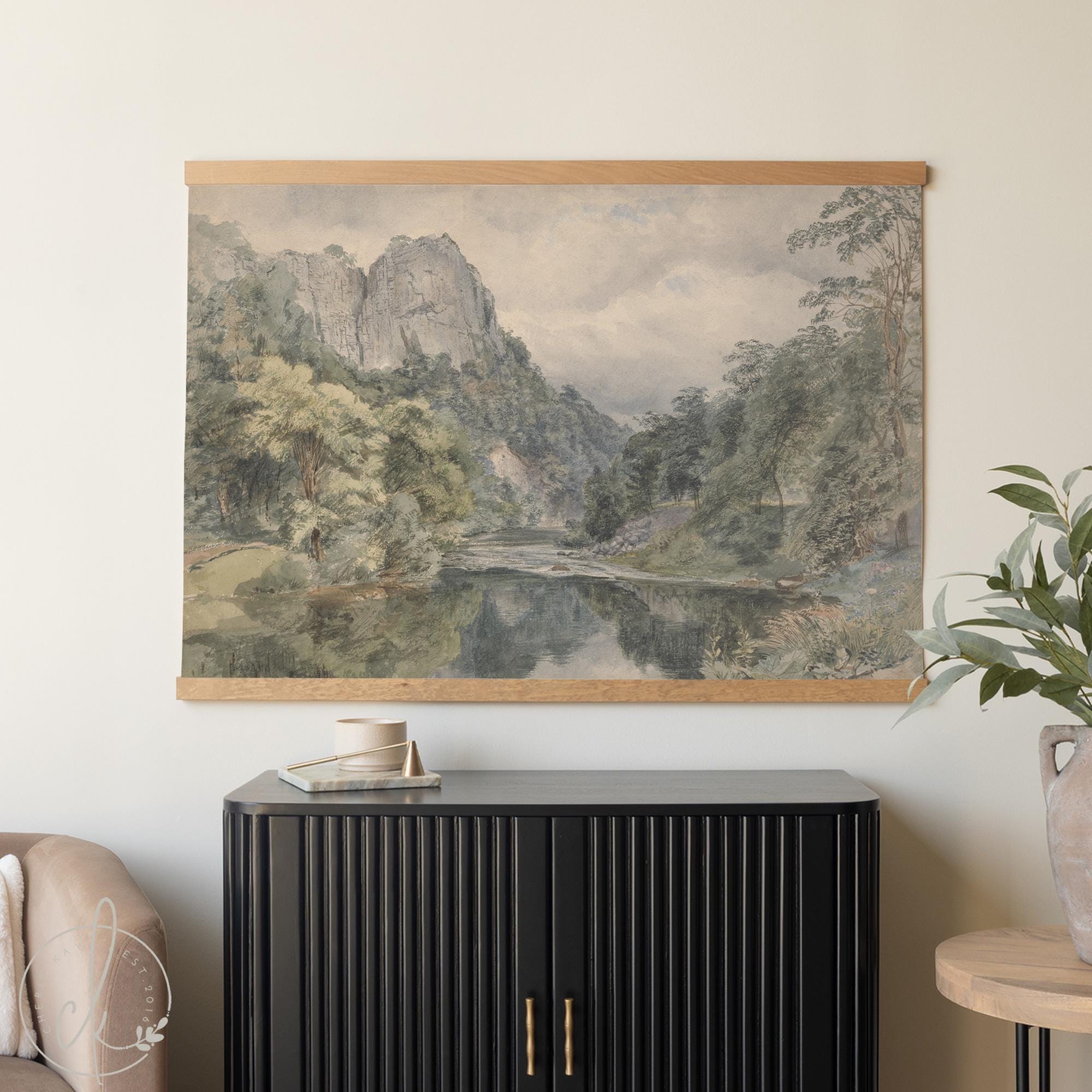Extra-large mountain painting canvas tapestry—neutral landscape with misty cliffs, forest greens, and reflective river on premium cotton.