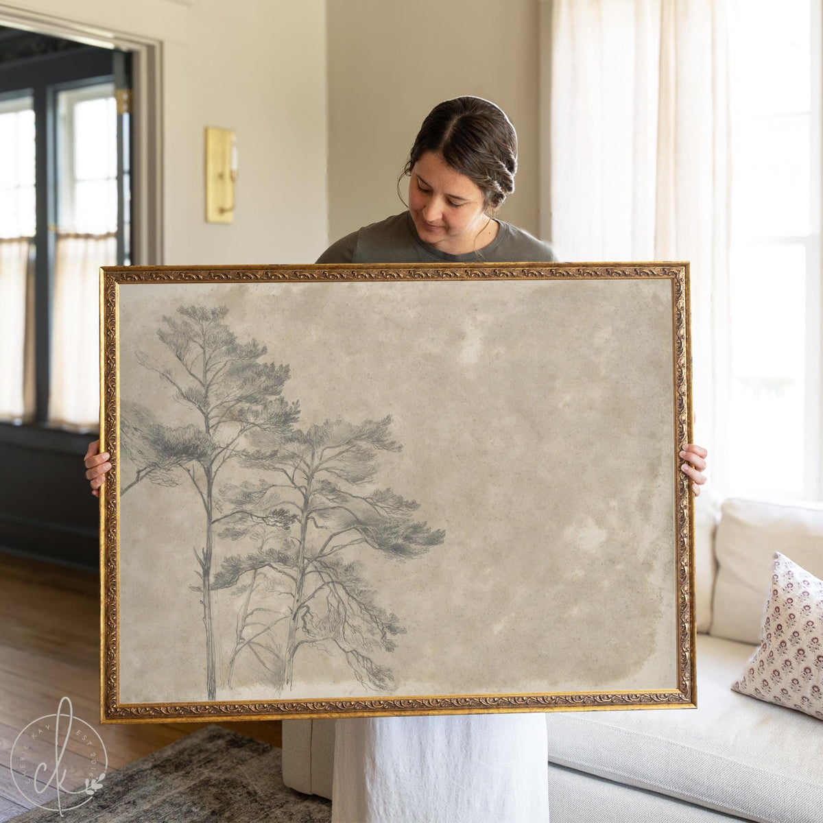 Large Tree Painting | Gold Frame Wall Art | Vintage Landscape Drawing | Neutral Canvas Painting | Home Decor for Living Room | N14