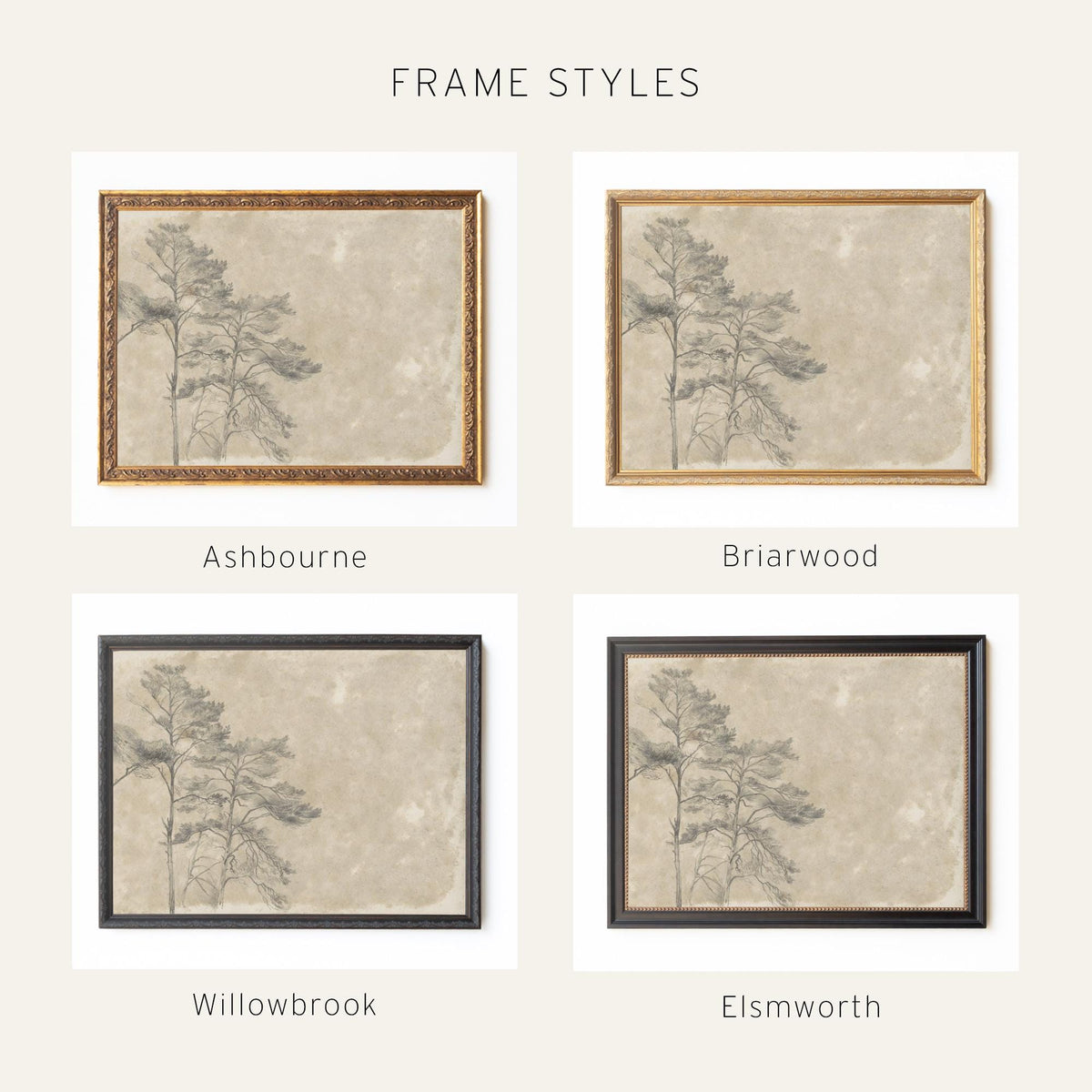 Large Tree Painting | Gold Frame Wall Art | Vintage Landscape Drawing | Neutral Canvas Painting | Home Decor for Living Room | N14