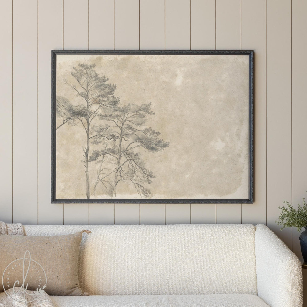 Large Tree Painting | Gold Frame Wall Art | Vintage Landscape Drawing | Neutral Canvas Painting | Home Decor for Living Room | N14