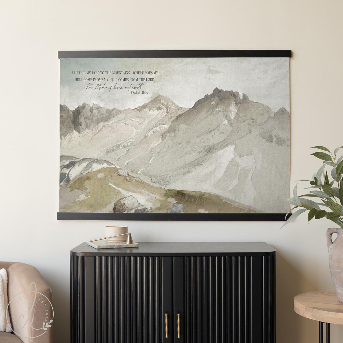 Watercolor Mountain Artwork Psalm 121 | Extra Large Canvas Tapestry Landscape | Neutral Christian Wall Art for Living Room Decor | T45
