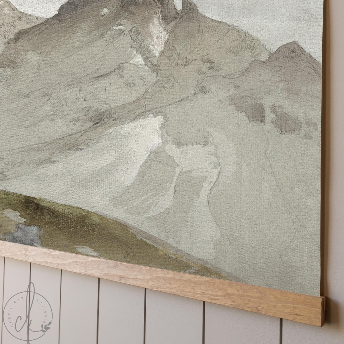 Watercolor Mountain Artwork Psalm 121 | Extra Large Canvas Tapestry Landscape | Neutral Christian Wall Art for Living Room Decor | T45