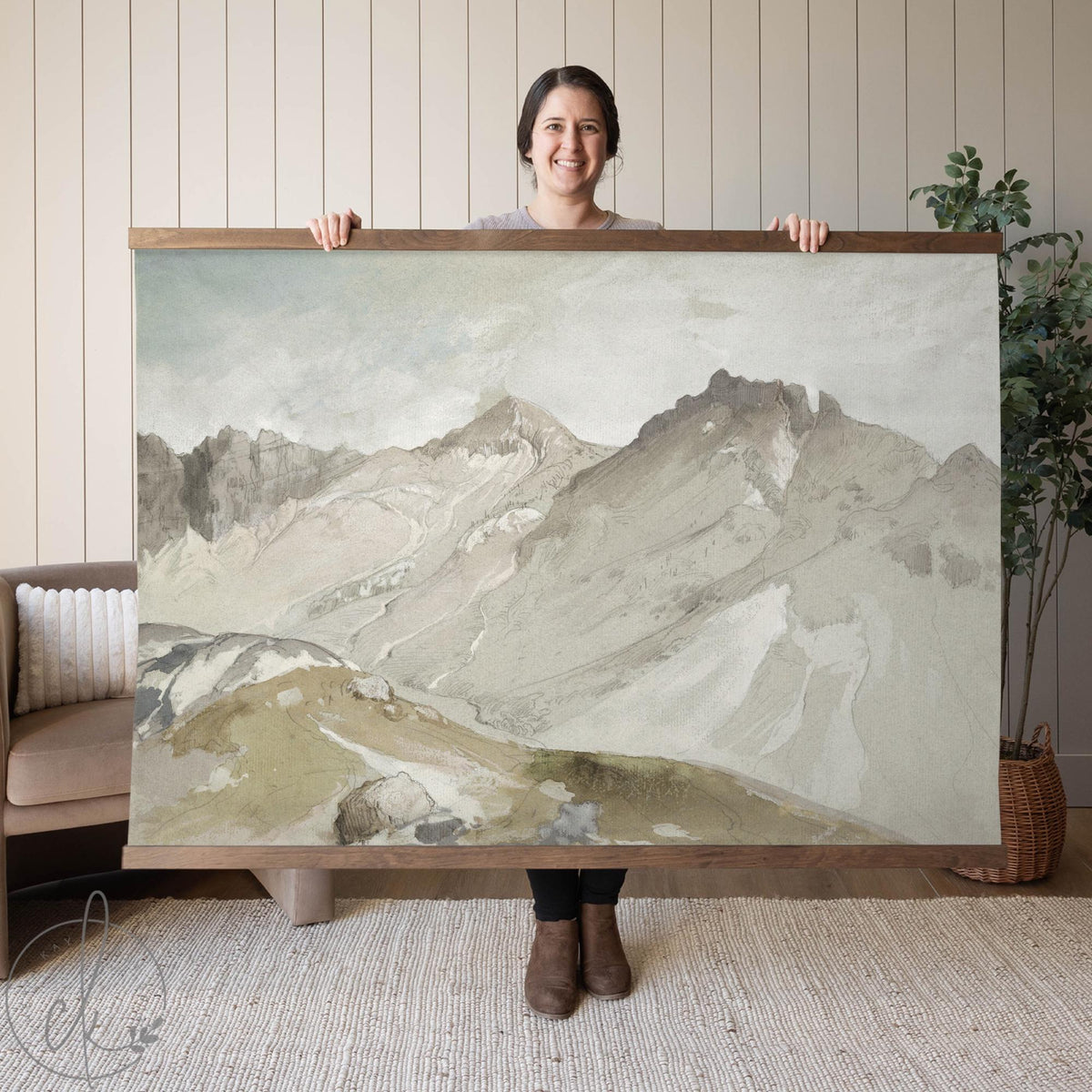 Watercolor Mountain Artwork Psalm 121 | Extra Large Canvas Tapestry Landscape | Neutral Christian Wall Art for Living Room Decor | T45