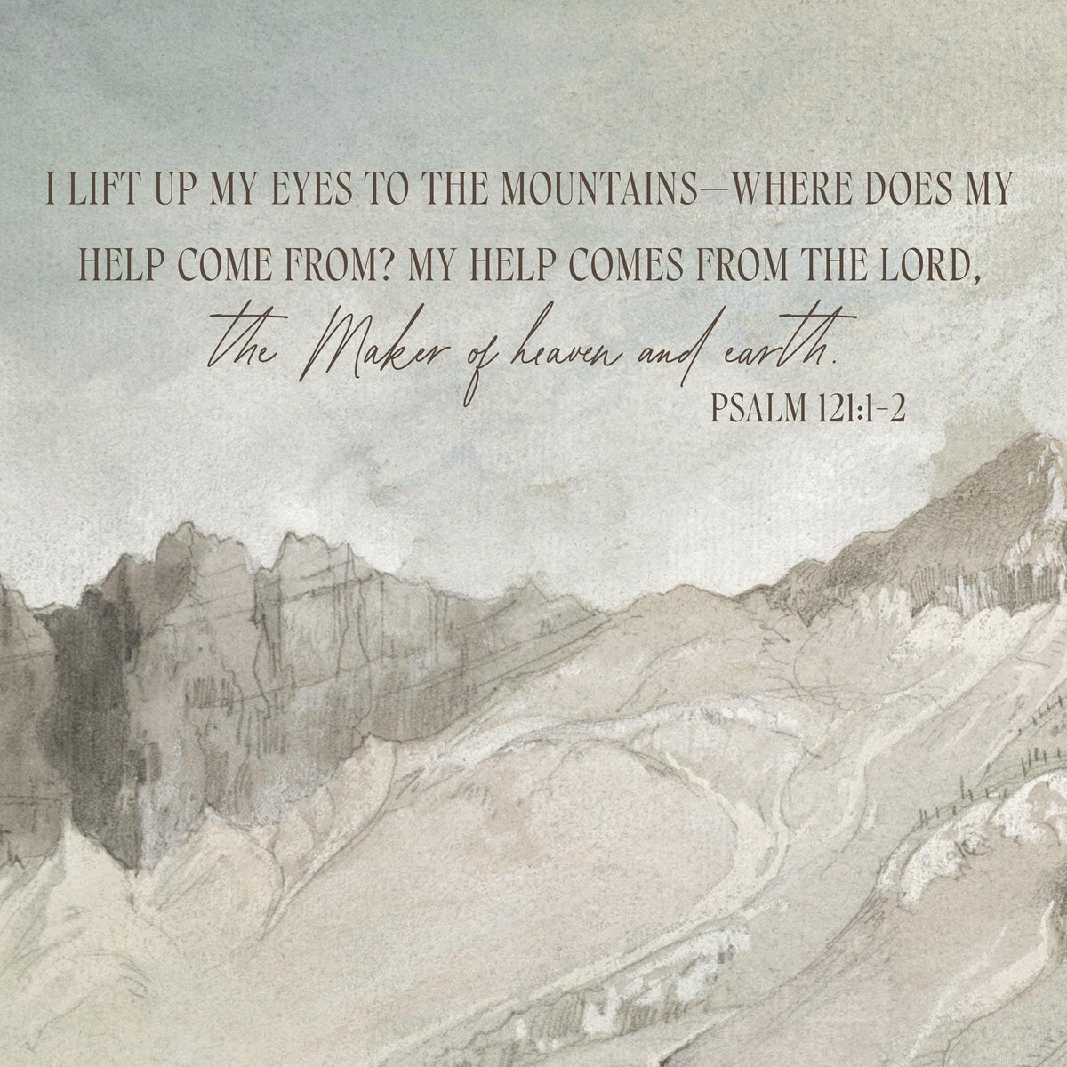 Watercolor Mountain Artwork Psalm 121 | Extra Large Canvas Tapestry Landscape | Neutral Christian Wall Art for Living Room Decor | T45