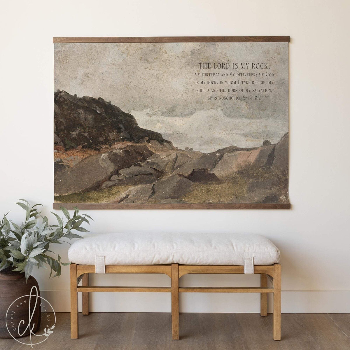 Christian Wall Art | Large Psalm 18:2 Canvas Tapestry | Mountain Landscape Painting | Scripture Wall Hanging for Living Room Decor | T37