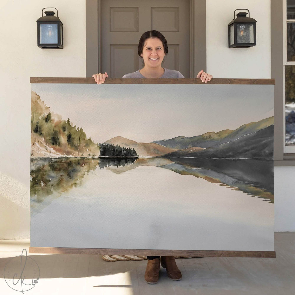 Large Canvas Art | Modern Lake Landscape Wall Art | Watercolor Mountain Reflection Tapestry | Extra-Large Home Decor for Living Room | T32