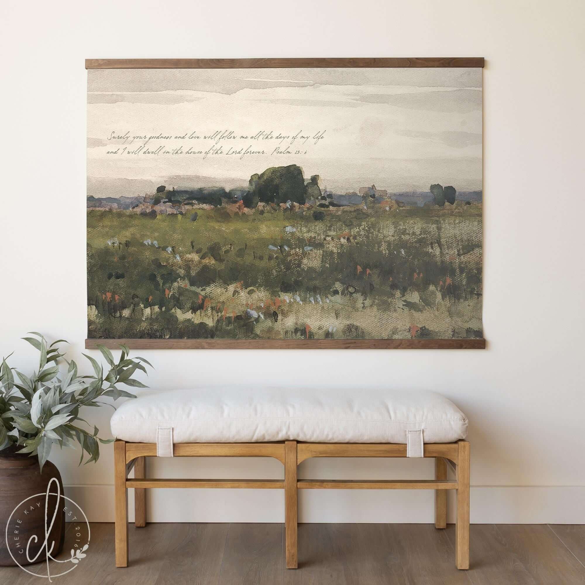 Watercolor Nature Painting Tapestry | Oversized Wildflower Field Wall Art | Psalm 23 Decor | Living Room, Entryway, or Bedroom Decor | T25