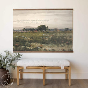 Watercolor Nature Painting Tapestry | Oversized Wildflower Field Wall Art | Psalm 23 Decor | Living Room, Entryway, or Bedroom Decor | T25