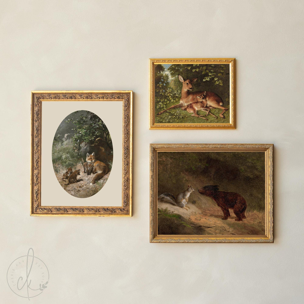Woodland Nursery Gallery Wall Art Set | Vintage Fox, Deer, Bear, Hedgehog and Squirrel Prints | Ornate Gold &amp; Black Frames | G21