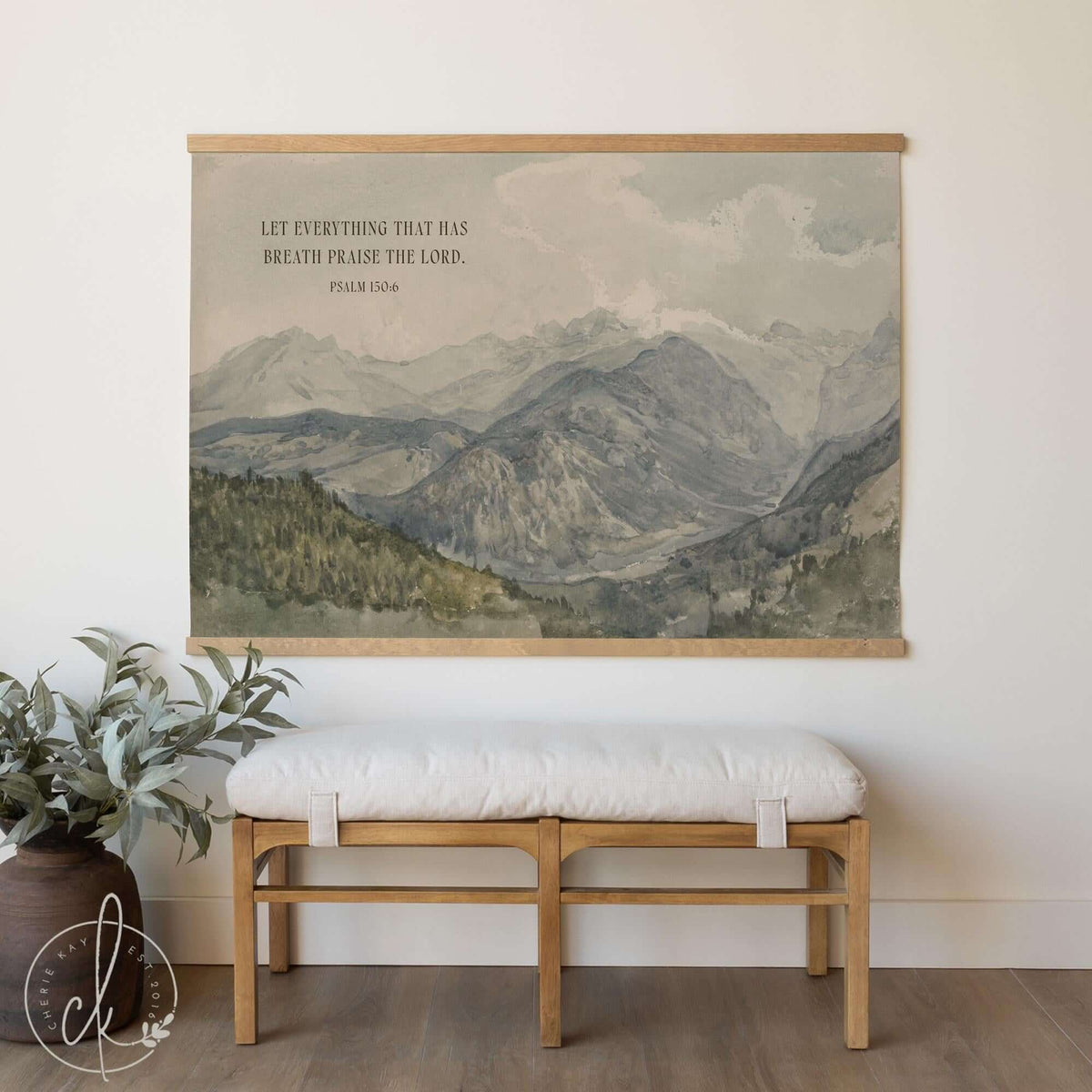 Large modern Christian art tapestry featuring a watercolor mountain landscape and Psalm 150:6 verse, printed on canvas with wood hanger bars.