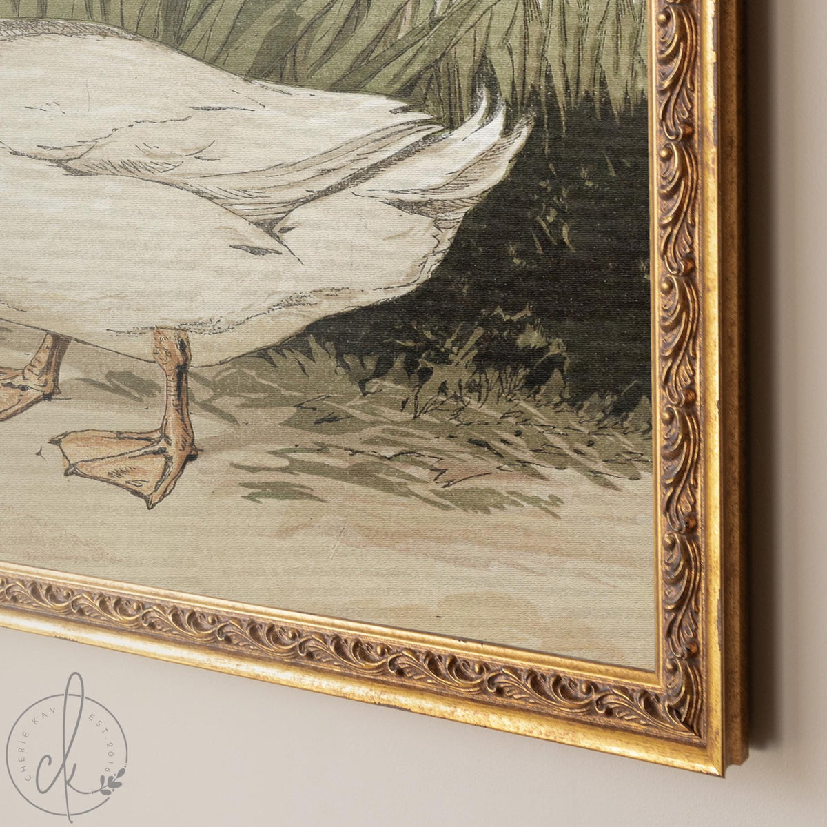 Duck Painting | White Ducks in Vintage Gold Frame | Country Bird Wall Art | N235