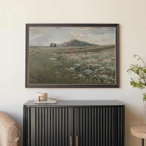 Framed canvas print of a vintage wildflower meadow painting with red and white blooms and rolling hills, rustic countryside wall decor for living rooms.