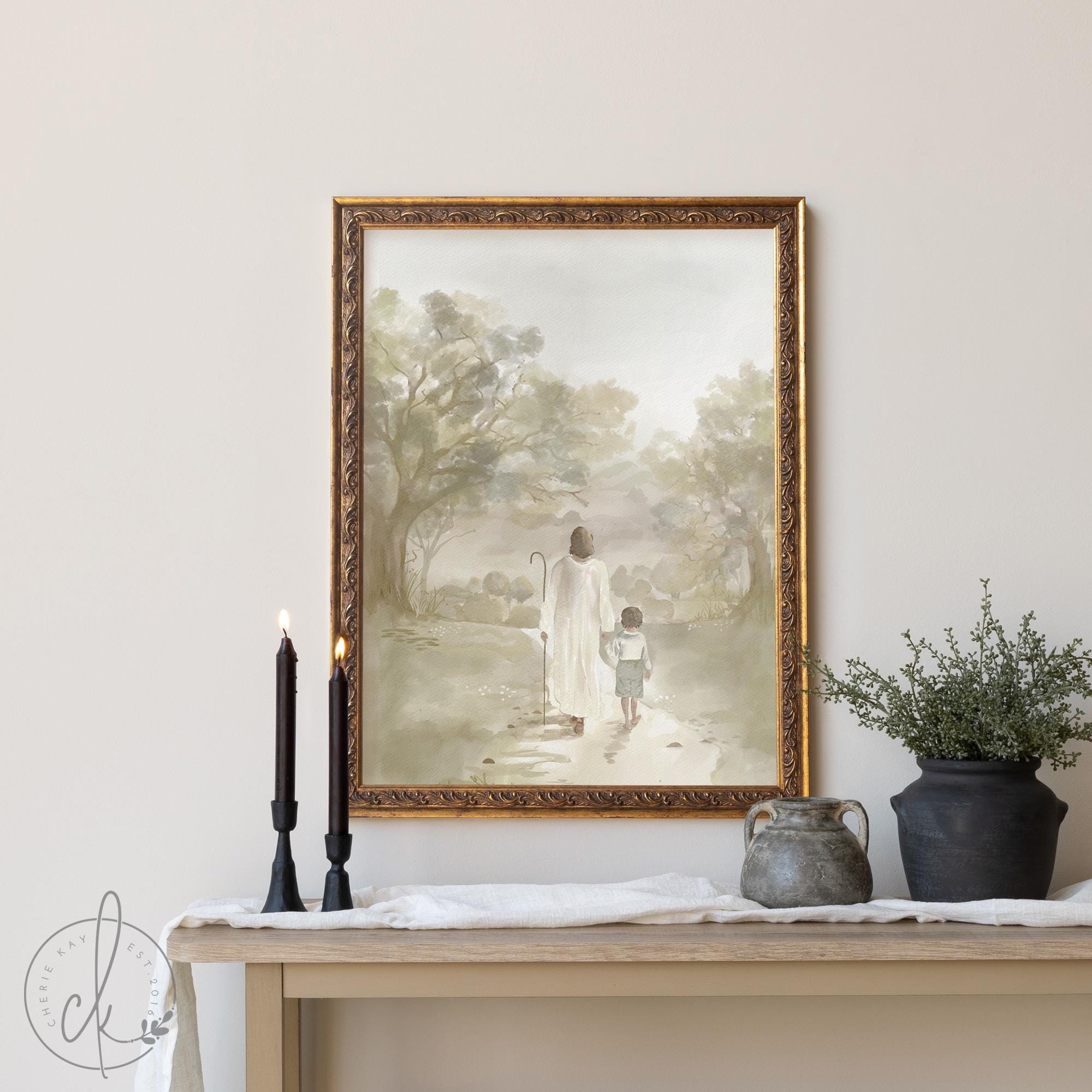 Christian wall art featuring Jesus walking with a child in a watercolor garden setting, framed religious nursery decor for baby rooms and memorial gifts